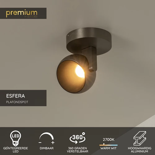 Lucide ESFERA - Plafondspot - Ø 11,2 cm - LED Dimb. - 1x11W 2700K - Grijs ijzer | Premium - USP
